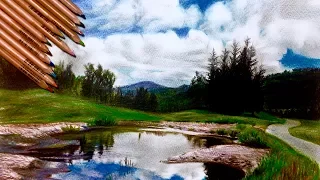 Landscape painting with colored pencils