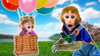 DoDo Baby Monkey Experiences Hot Air Balloon Flying to the Farm | KIKI ANIMAL MONKEY