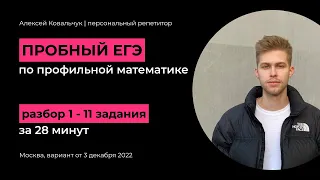 Пробный ЕГЭ по профильной математике 2023 от 3 декабря 2022. Разбор 1 - 11 задания за 28 минут.