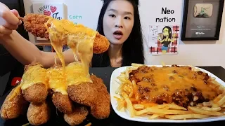 CHEESE OVERLOAD!! Cheesy Corn Dogs & Chili Cheese Fries - Cooking & Mukbang w/ Asmr Eating Sounds