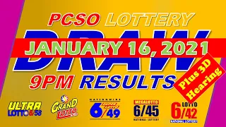 PCSO Results lotto January 16, 2021, 9pm draw, grand lotto 6/55, lotto 6/42, 6D lotto