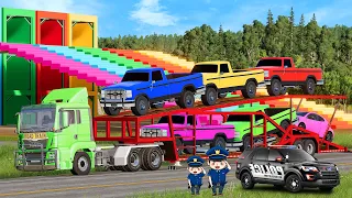 Funny Colored Cars vs Colored Slides with Car vs Deep Water - Trains vs Big and Small Rails - BeamNG