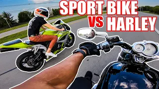 COCKY SPORT BIKE Rider THINKS He Can Beat HARLEY DAVIDSON | V-Rod Muscle VS Honda CBR600rr Race