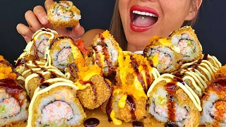 EATING A BUFFET OF FRIED SUSHI!  ASMR MUKBANG OMAD CRUNCHY MESSY BIG BITES SEAFOOD NO TALKING