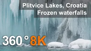 360°, Plitvice Lakes in Winter, Croatia. 8K aerial video