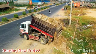 First Starting New Project Filling Land By Mini Dump Truck 5T & Bulldozer Pushing Soil Fill The Land