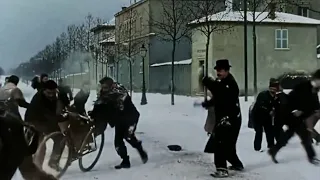 First Snowball fight. Lyon, France 1897. [Colorized] Lumiére Brothers. Bataille de neige