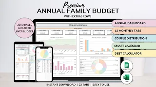 Premium Annual Family Budget Tutorial - Annual Overview - Expenses Distribution - Debt Tracker