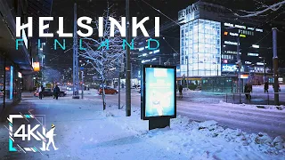 Central Helsinki Relaxing Night Walk in Snowy Winter, Finland 4K