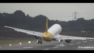 VERY BAD LANDING: Monarch Airbus A320 Strong Crosswind Arrival at Birmingham Airport (BHX-EGBB)