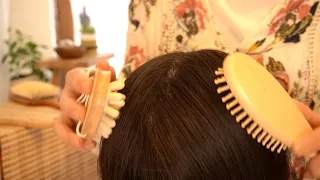 [ASMR]  Scalp massage & Brushing with wooden brushes 🌳🍃 No talking, layered sounds