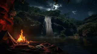 Relaxing Waterfall & Cozy Campfire Tent Night In 4K: Nature Sounds For Deeper Sleep! | Resting Area