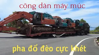 Xe đầu kéo hạng nặng chở dàn máy múc rất căng thẳng ôm cua đổ đèo hải vân | xe tải