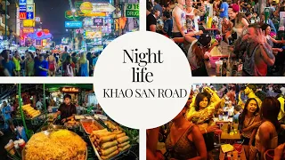 Things to do, where to go in Bangkok. Night life in khaosan road night market 4k video