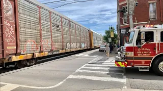 Street Running Train Blocks Fire Truck & Ambulance On Emergency Call + Fed Ex Van In Way Of Train!