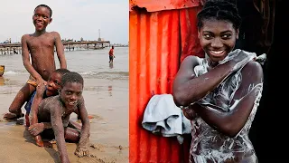 Ghana African village. Beggar life on the ocean. How to survive in the slums of Africa.