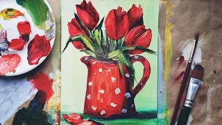 TULIPS | Step by step drawing with paints for beginners❤