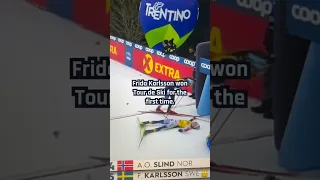 Frida Karlsson goes to ground arfter winning Tour de Ski for the first time.