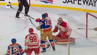 Evan Bouchard of the Edmonton Oilers scores goal against Flames at NHL heritage Classic 29-10-2023