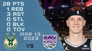 Kevin Huerter NBA KINGS vs BUCKS Regular season Gameplay Possessions - 13-03-2023