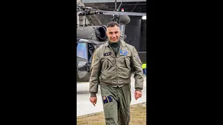 Lieutenant Colonel Ervin Buzi explains the capabilities of Albania's new  Black Hawks helicopters