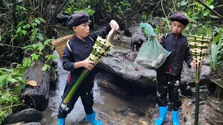 A wandering boy weaving a bamboo basket caught a large school of fish in the middle of a wild stream