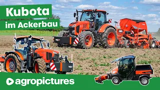 Kubota M6 und M7 Traktoren im Acker Einsatz mit Grubber, Pflug, Kreiselegge und Sämaschine