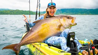 EPIC BATTLE: GIRL vs MONSTER FISH {CATCH CLEAN COOK} Offshore Kayak Fishing