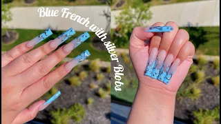✷ Blue French With Silver 3D Blob Designs ✷ | Long Tapered Square Nails | Acrylic Nails |