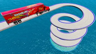 Mack Truck Vs Impossible Spiral Bridge Crossing Cars Vs Deep Water - BeamNG.Drive
