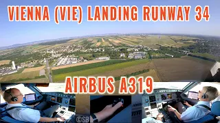 Vienna (VIE), Austria |  Airbus A319 landing runway 34 | Pilots + cockpit view | 3 cameras + audio