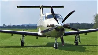 Pilatus PC12 on grass LX-JFF 2018 PT6 Turboprop start up taxy take off at Gelnhausen airfield EDFG