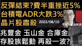 【早晨財經速解讀】反彈結束?費半重挫近5% 台積電ADR大跌3% 晶片股肅殺 兆豐金 玉山金 合庫金存股族鬆動 再殺一波? 2022/8/10(三)