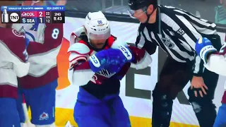 Mikko Rantanen goes after William Borgen and a scrum ensues