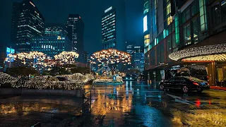 Rainy Night Myeongdong and Christmas Lights Seoul | Rain Sounds | 4K HDR