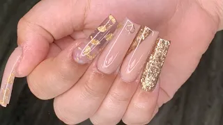Long Square Nude Encapsulated Gold Accent Acrylic Nail