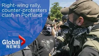 Right-wing demonstrators, counter-protesters clash at Portland rally