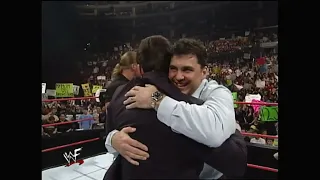 Family reunion after WrestleMania 16: Vince McMahon shakes hands with Triple H & Shane! RAW 04/03/00