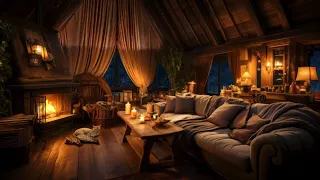 Thunderstorm, Rain & Crackling Fire - Cozy Wooden Cabin, Warm Ambience, Sleeping Cats, Relax & Sleep