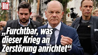 Kanzler Scholz sieht sich die Zerstörungen in Irpin an | BILD Live