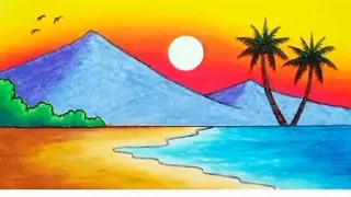 How to Beautiful Sunset in the Beach ISunsetScenerydrawing#Scenerydrawing#oilpasteldraw#art#drawing