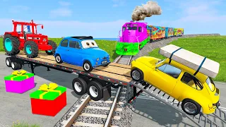 Monster Trucks Flatbed Long Trailer Truck Car Rescue - Cars vs Deep Water - Cars vs Rails and Train
