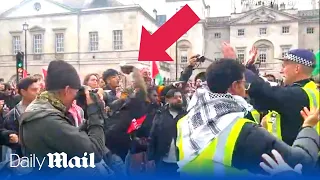 Moment Pro-Palestine protestor hits police officer with soda can in London