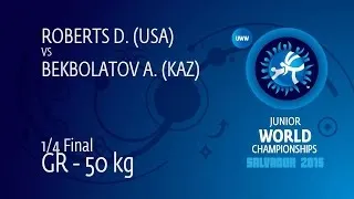 1/4 GR - 50 kg: A. BEKBOLATOV (KAZ) df. D. ROBERTS (USA) by TF, 8-0