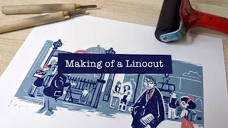 LINOCUT PRINTMAKING PROCESS: transfer, carving and printing "PICCADILLY CIRCUS"