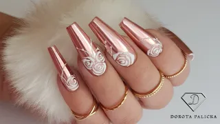 Rose gold nails. Rose gold chrome nail art with sugar roses.