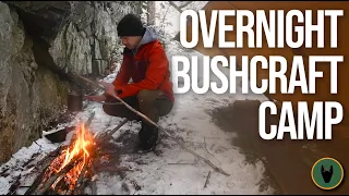 Overnight Bushcraft Camp at a Cliff with Minimal Gear and a Dog in the Snow