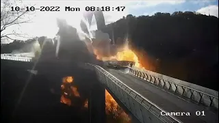 Security cam captures moment Russian missiles strike bridge in Kyiv