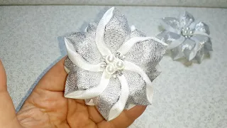 Новогодний цветок из лент и парчи. Канзаши. Kanzashi