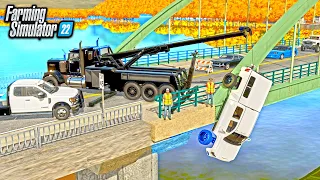 HEAVY WRECKING! WINCHING A SUNKEN TRUCK OUT OF THE RIVER!   FARMING SIMULATOR 22